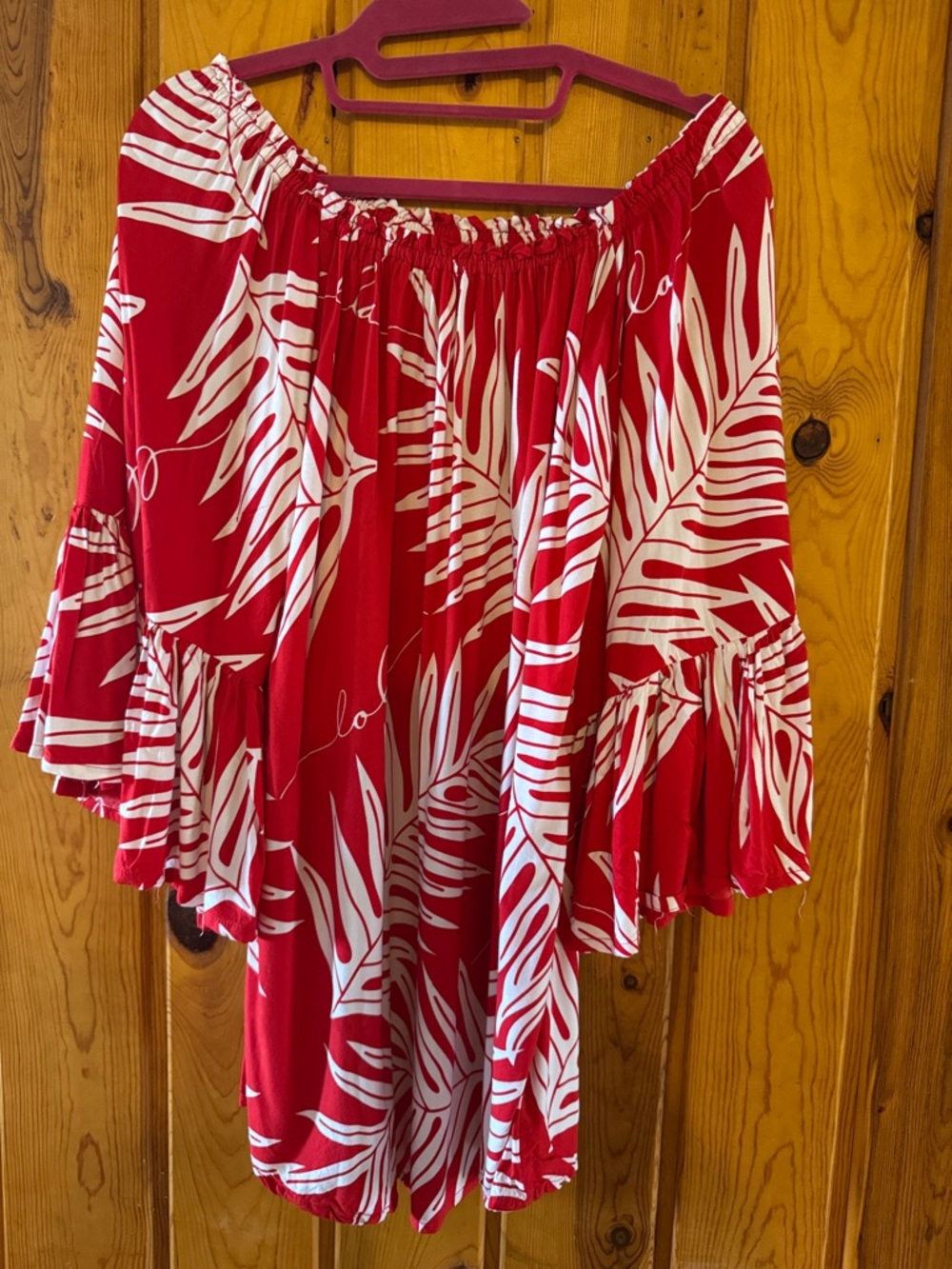 Gently Used Simply Sisters Red Off-Shoulder Tropical Blouse with Ruffled Sleeves